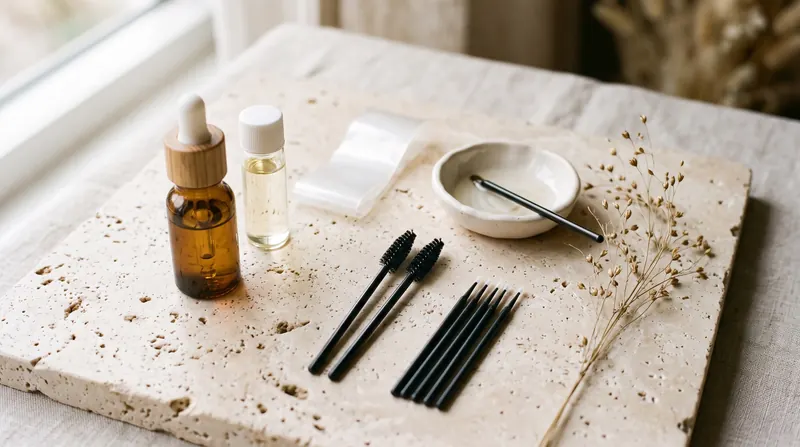 Brow lamination tools arranged on travertine with dried grass