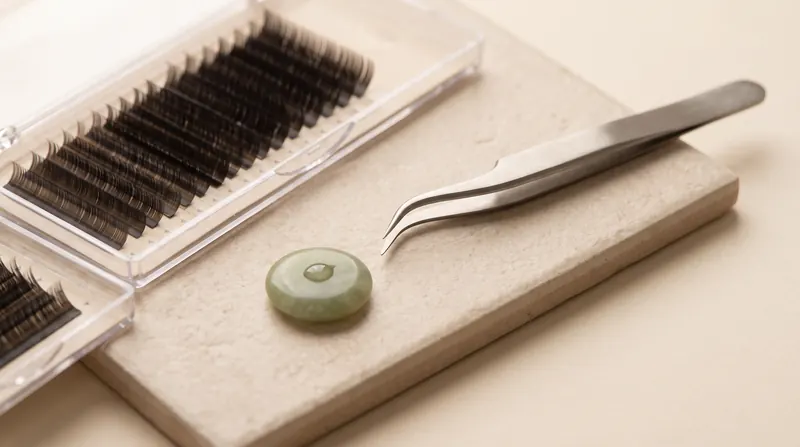 Trays of lash extensions in graduated lengths beside curved tweezers