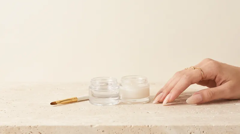 Jars of builder gel and a brush beside a hand with long almond hard gel extensions