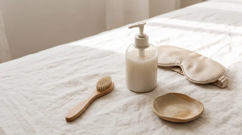 Lash aftercare still life with a brush, cleanser and silk sleep mask on linen