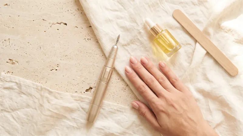 Flat lay of an e-file, cuticle oil and a hand with a fresh nude Russian gel manicure