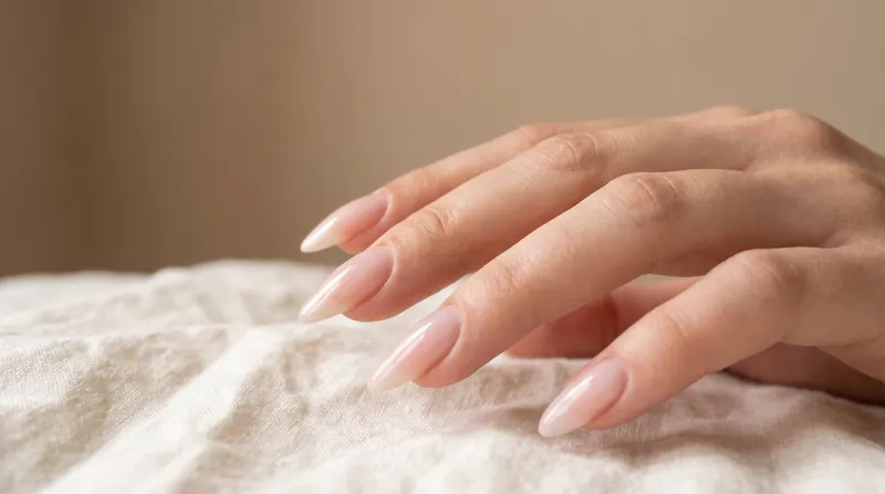 Side view of natural nails with a glossy structured gel apex