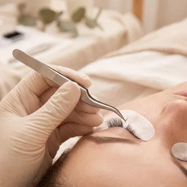 Lash artist isolating a natural lash with fine tweezers during application