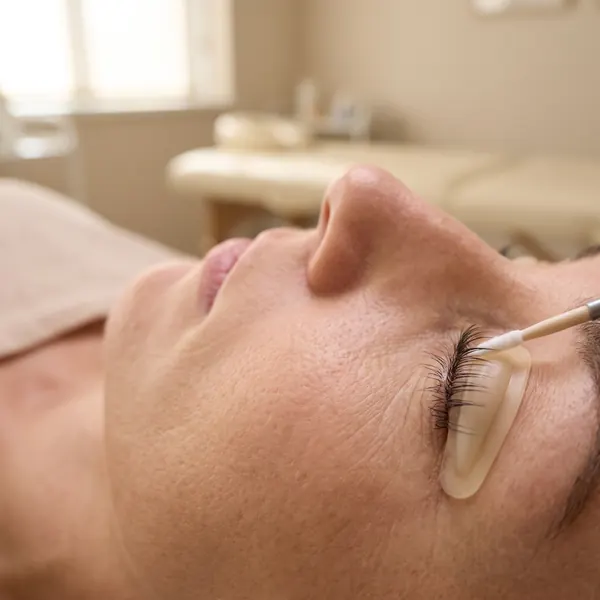Natural lashes set on a silicone shield during a lash lift
