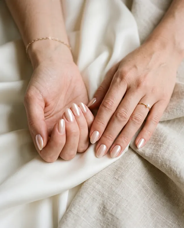 Short almond nails with a pearlescent chrome glaze over sheer nude gel on ivory silk