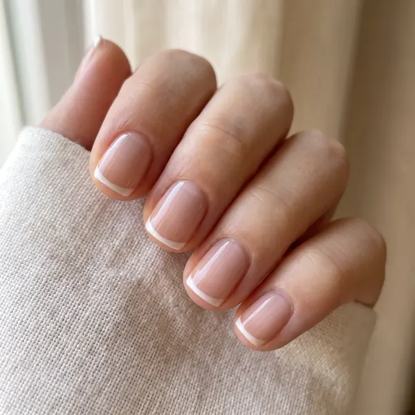 Micro French manicure with ultra-thin white tips on short nails