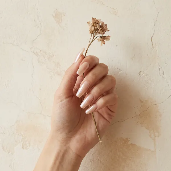 Long coffin nail extensions with a sheer pearl glaze holding a dried flower