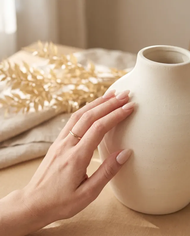 Hand with long almond hard gel extensions in translucent milky nude touching a ceramic vase