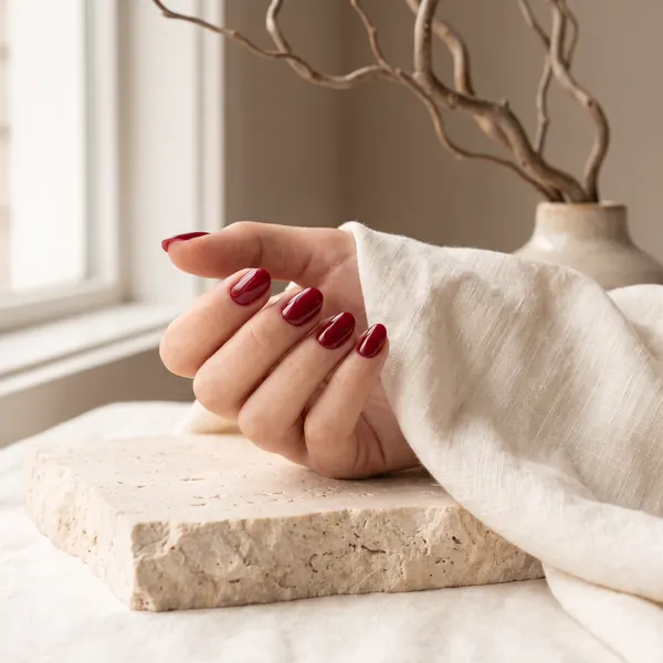 Short oval nails in glossy cherry-red gel on travertine