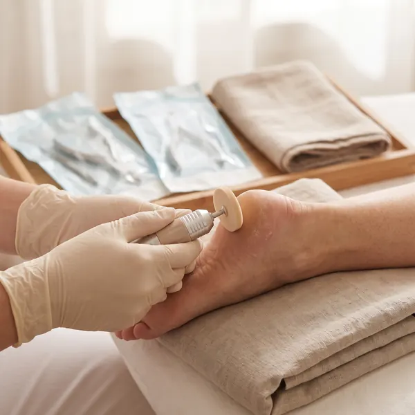 Pedicurist smoothing a heel with an e-file and a disposable disc