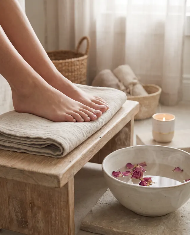Feet with a fresh milky-pink gel pedicure resting on a linen towel beside a ceramic bowl
