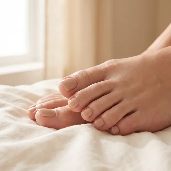 Close-up of toes with a flawless nude-beige gel pedicure