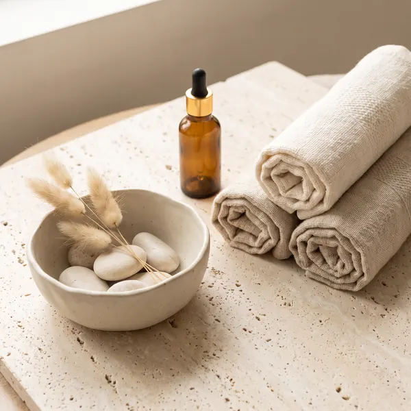 Pedicure still life with rolled linen towels, oil and river stones